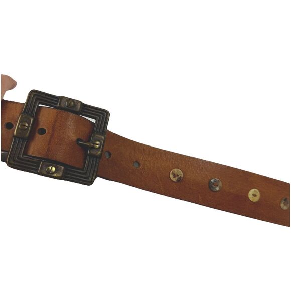 Genuine Brown Leather Belt with Concho Shells & Metal Buckle‎ – Size Small - Picture 4 of 9